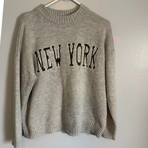 Just Polly New York Graphic Crewneck Sweater Gray Knit JTI3386NY Women's Large